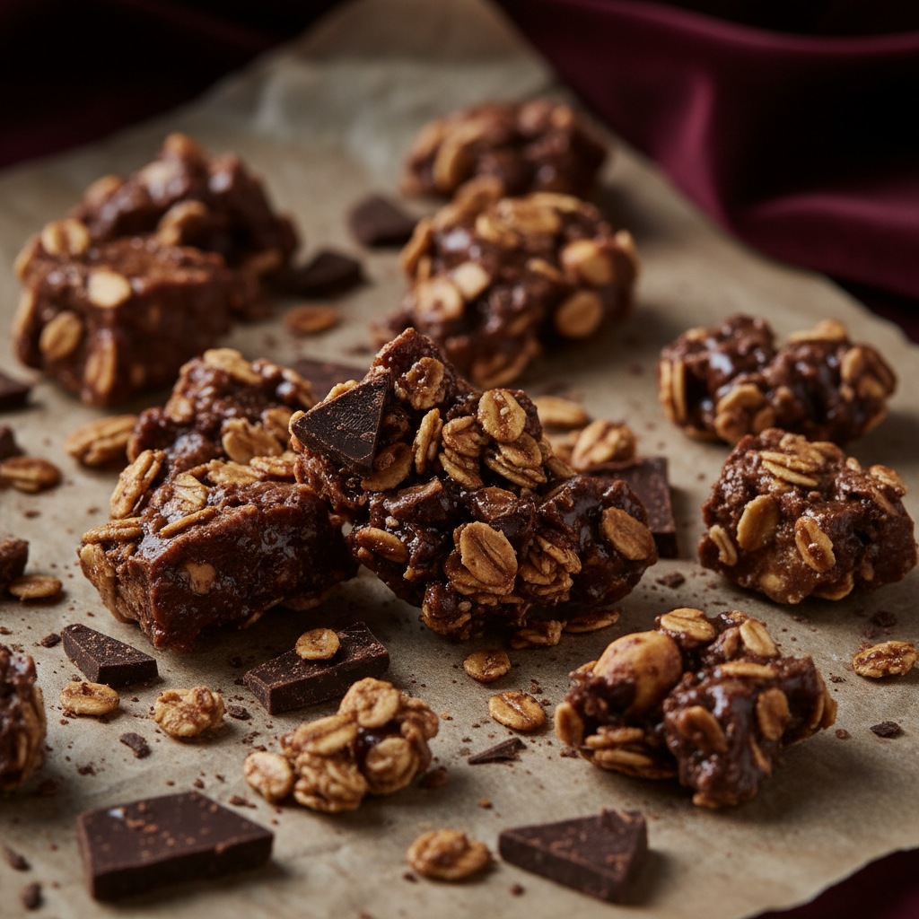 Close-up of Glutton Chocolate Hazelnut Praline with Espresso granola clusters